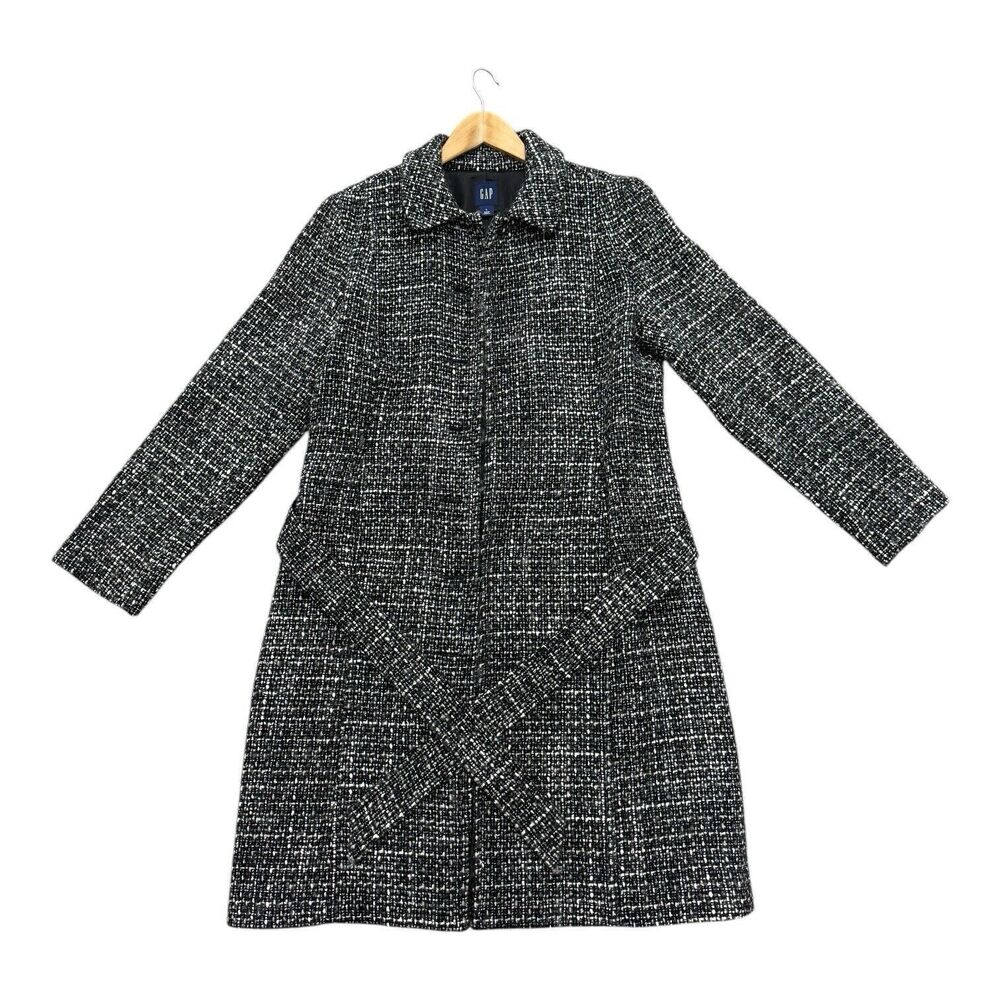 GAP Women’s Wool Blend Belted Pocketed Black & White Long Coat Size L NO Buttons